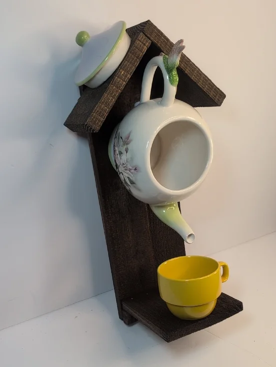 Rustic Wooden Handmade Bird Feeder Hummingbird Teapot - Picture 2 of 16